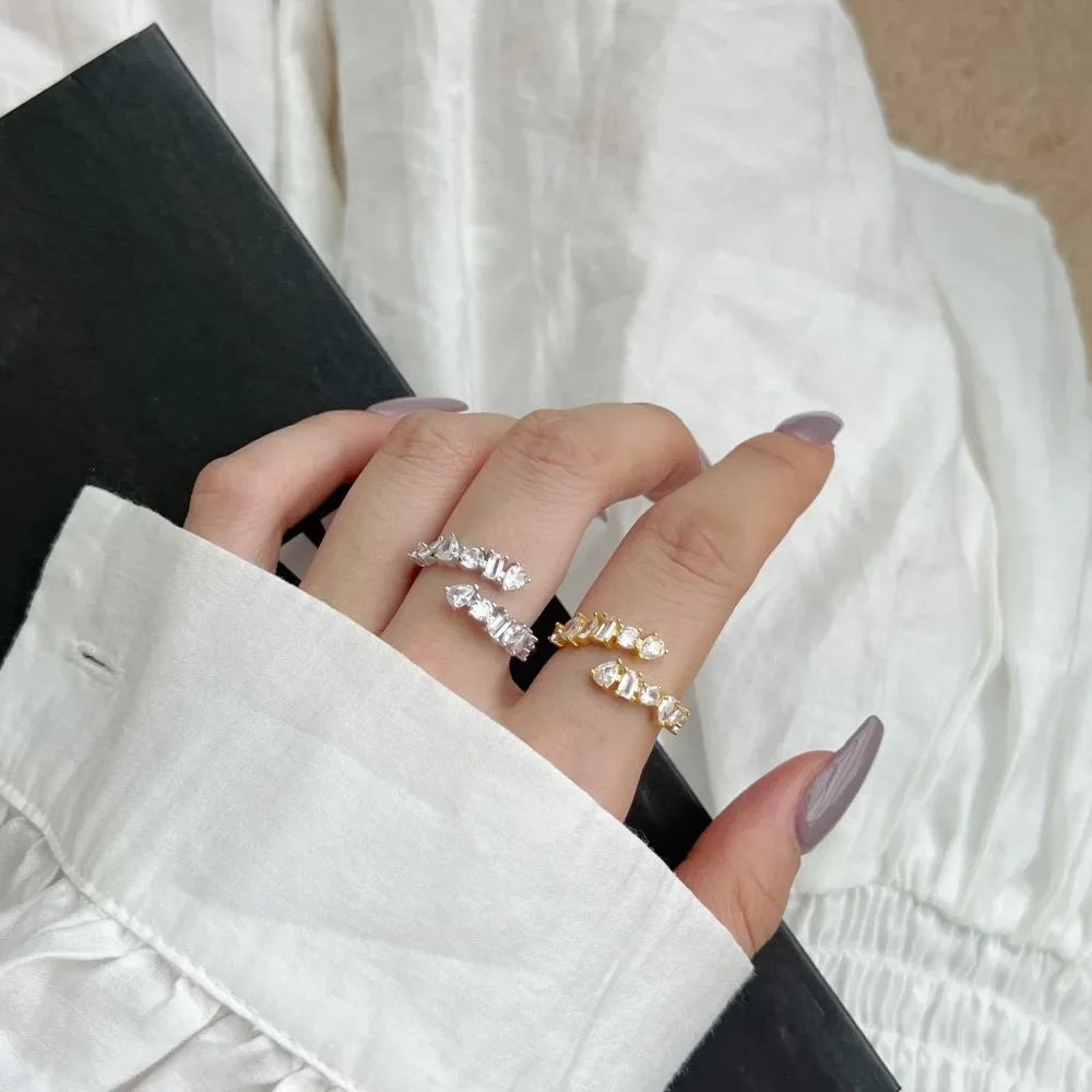 STL Korean Version New S925 Pure Silver Women's Ring with Geometric Zircon Inlay, Simple and High-end