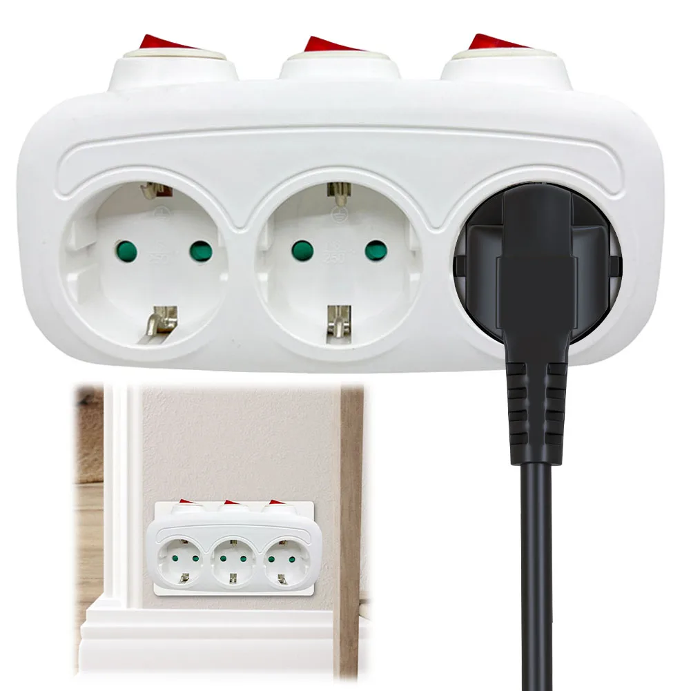 Universal EU Extension Socket with 3 Individual 250V Switches Power Adapter Power Converter Socket Wall Socket for Living Room
