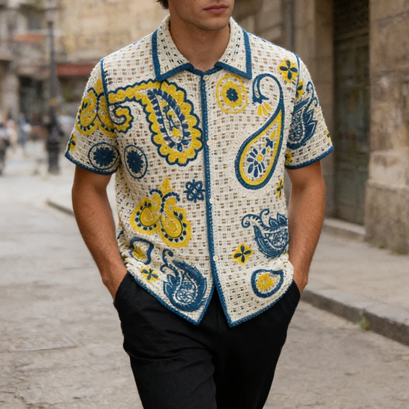 

Old Money Aesthetic Embroidery Shirts Men Classic Hollow Out Knitted Shirt Tops Mens Summer Casual Short Sleeve Knitted Cardigan