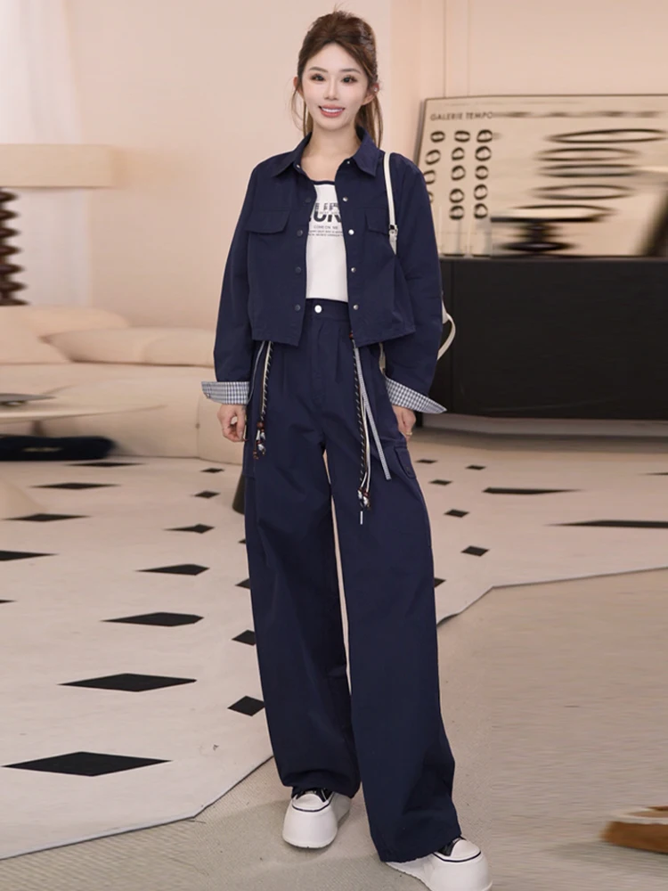 

Sli Early Autumn Women's Jaet Outerwear Casual Wide Leg Pants Tee Piece Set Loose Fit Cotton Long Sve Collared