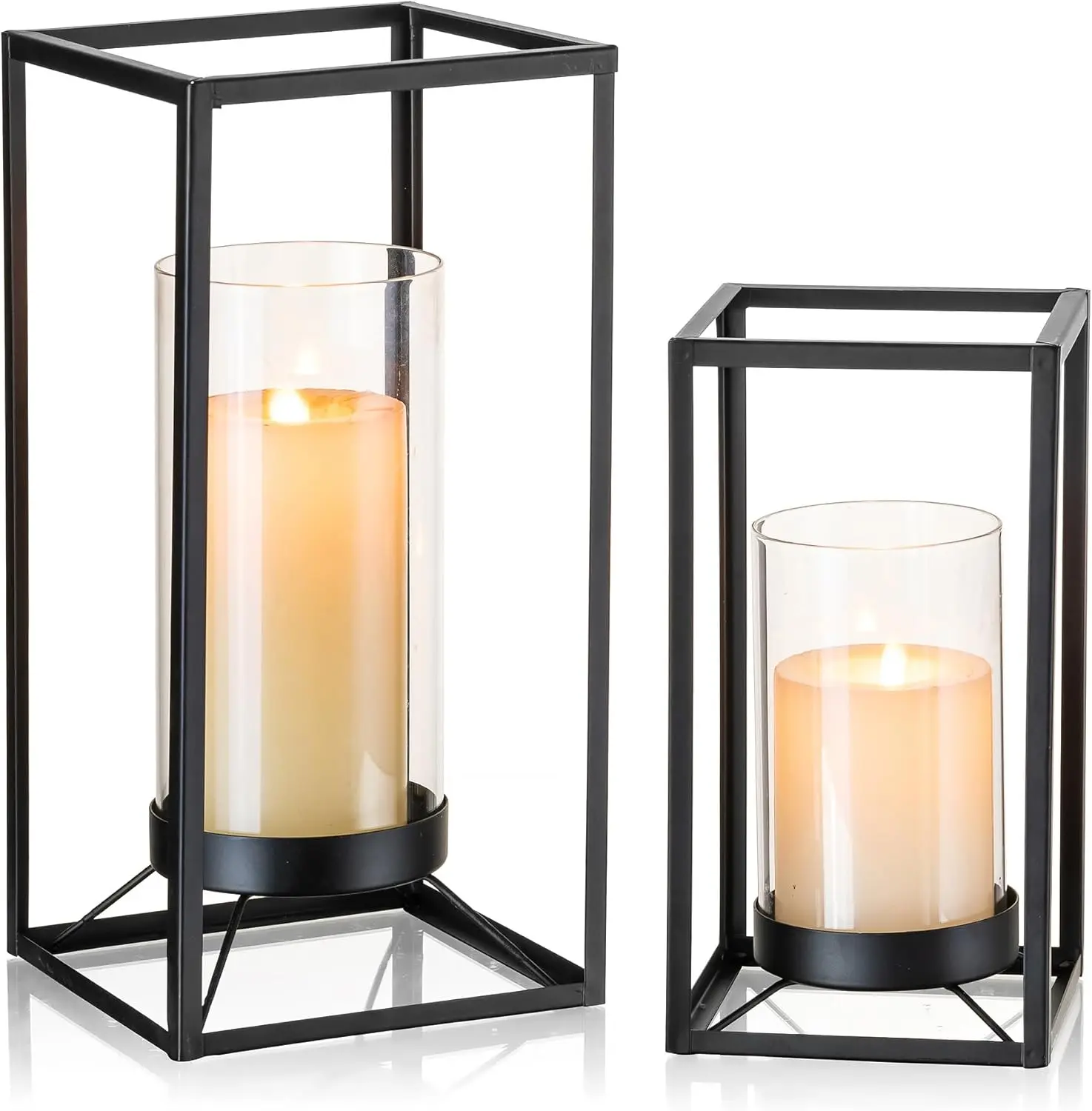 

Современный набор из 2 черных металлических фонарей с подсвечниками-уренгами из стекла для домашнего декора