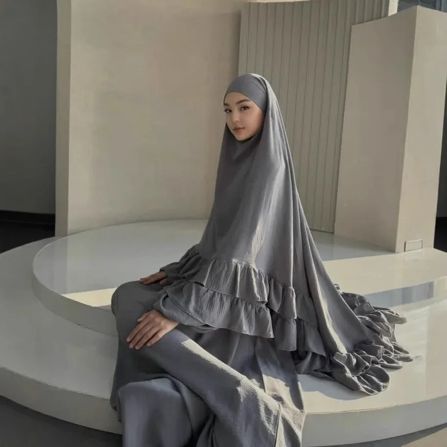 2PCS Ramadan Muslim Women Khimar Jalabiya Ruffle Prayer Garment Islam Clothing Turkey Kaftan Hijab Dress Arabic Robe Niqab Abaya