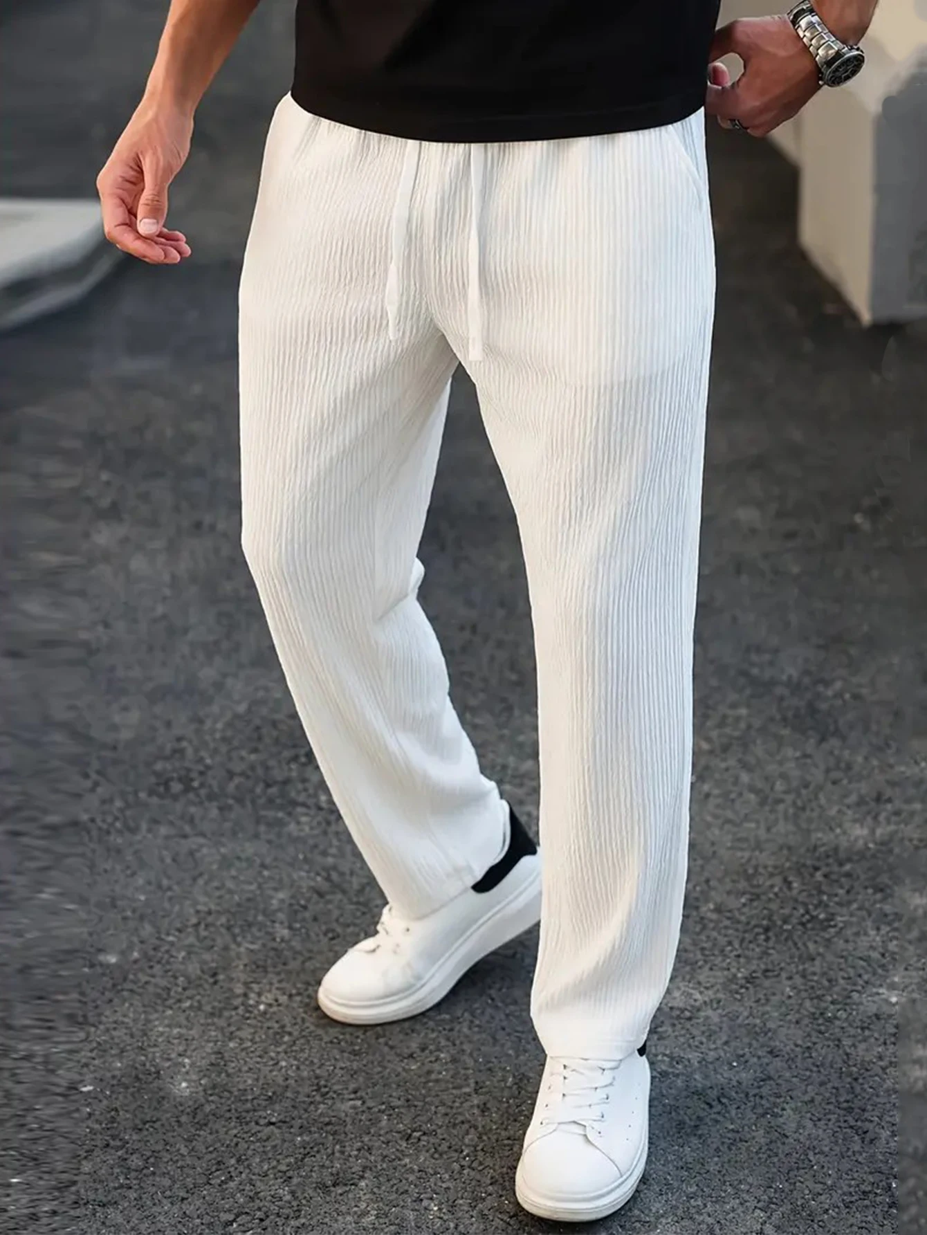 

Men's Solid Color Pocket Stripe texture design Straight-Leg Casual Trousers, Business Formal Style, Fall，Fashionable and simple