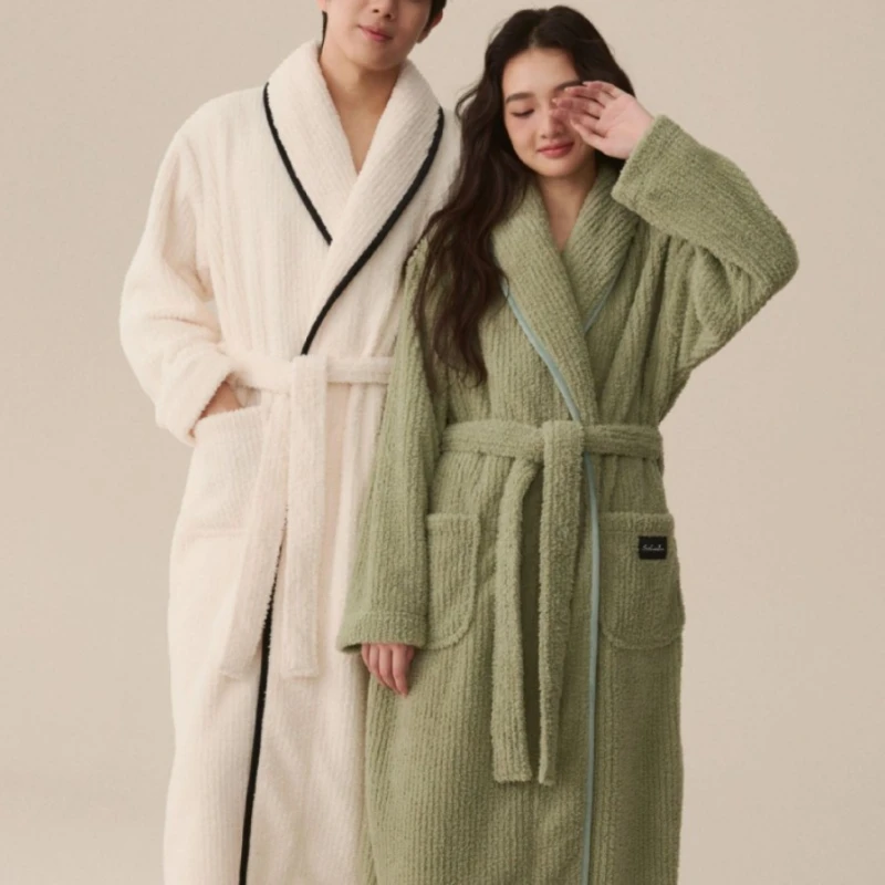 Autumn Winter Thickened Coral Velvet Long Bath Robe Soft Cozy Fleece Loungewear Night Gown Maxi Robe for Women Couple Home Wear