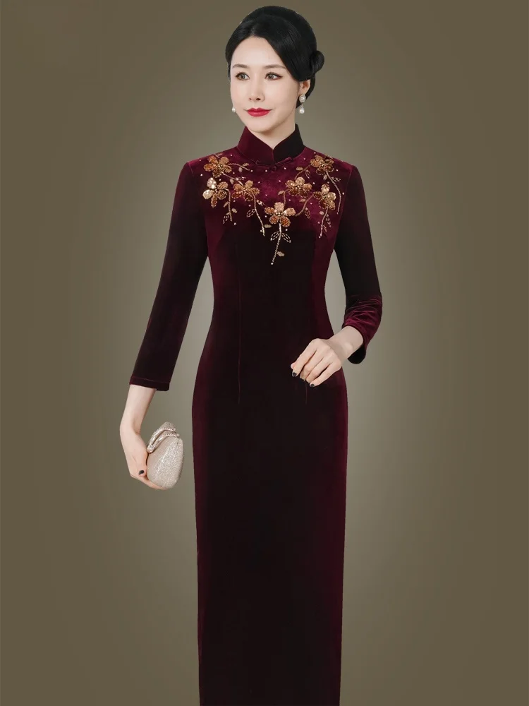 

Элегантное бархатное платье для женщин в ретро-стиле, с длинными рукавами, средней длины, в китайском стиле, для гостей на свадьбу, теплое и функциональное