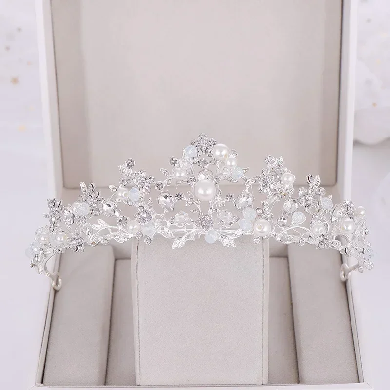 Tiaras y coronas de perlas de cristal de Color plateado, diadema con diamantes de imitación, accesorios para el cabello de novia, joyería para el cabello de boda para mujer