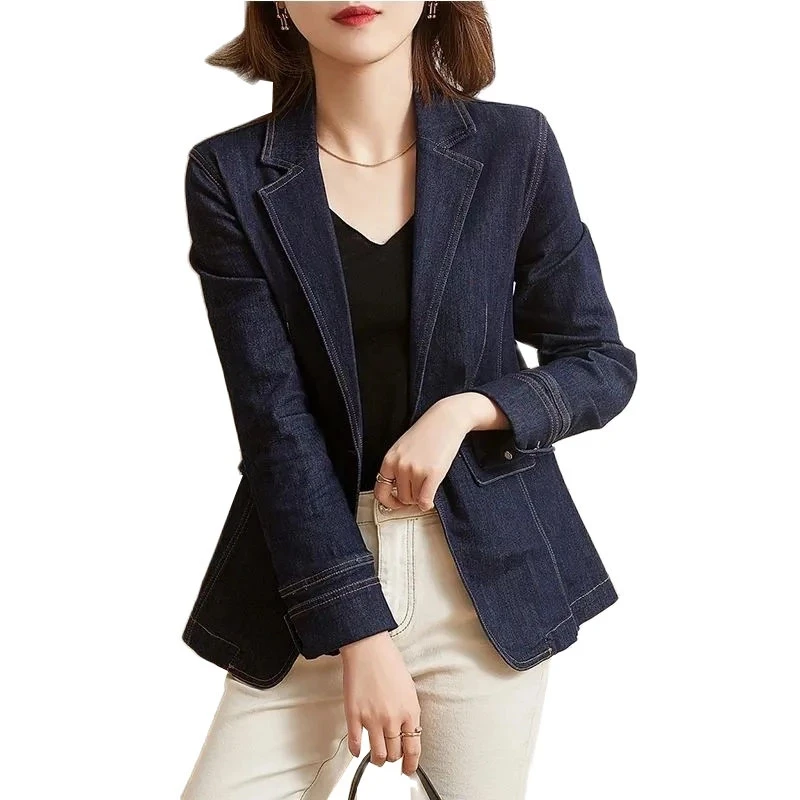 High Quality Denim Blazers Short Design Single Button Jean Coat Female Vintage Navy Blue  Long Sleeve Slim Notched Suit Jacket