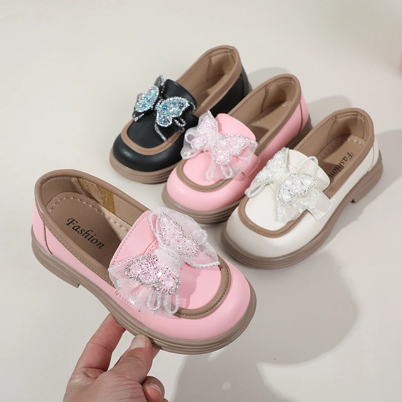 

2024 New Girls Leather Shoes Butterfly Round-toe Slip-on Children Fashion Loafers Cute Kids Casual Shoes for Party Wedding Shows