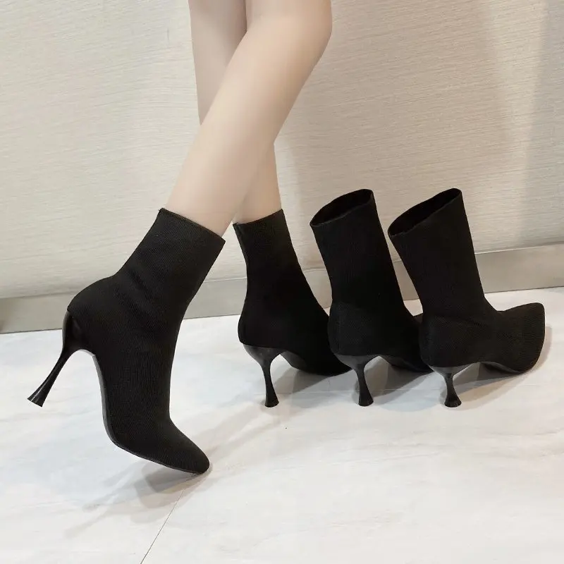 9cm 7cm 5cm Stretch Fabric Socks Boots Women Black Shoes Elegant Pointed Toe Knitting Elastic Ankle Boots for Women