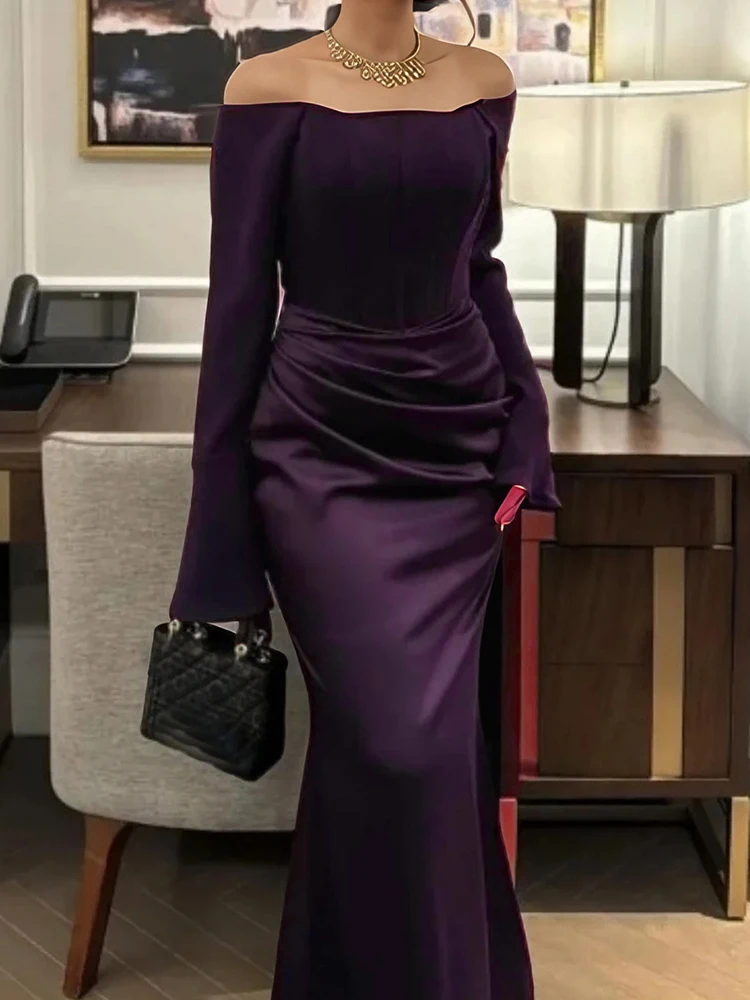 Vestido de Festa Elegante de Cintura Alta com Ombro Único e Pregas, Novo para Primavera e Verão, Vestido de Banquete em Cor Sólida de Cetim