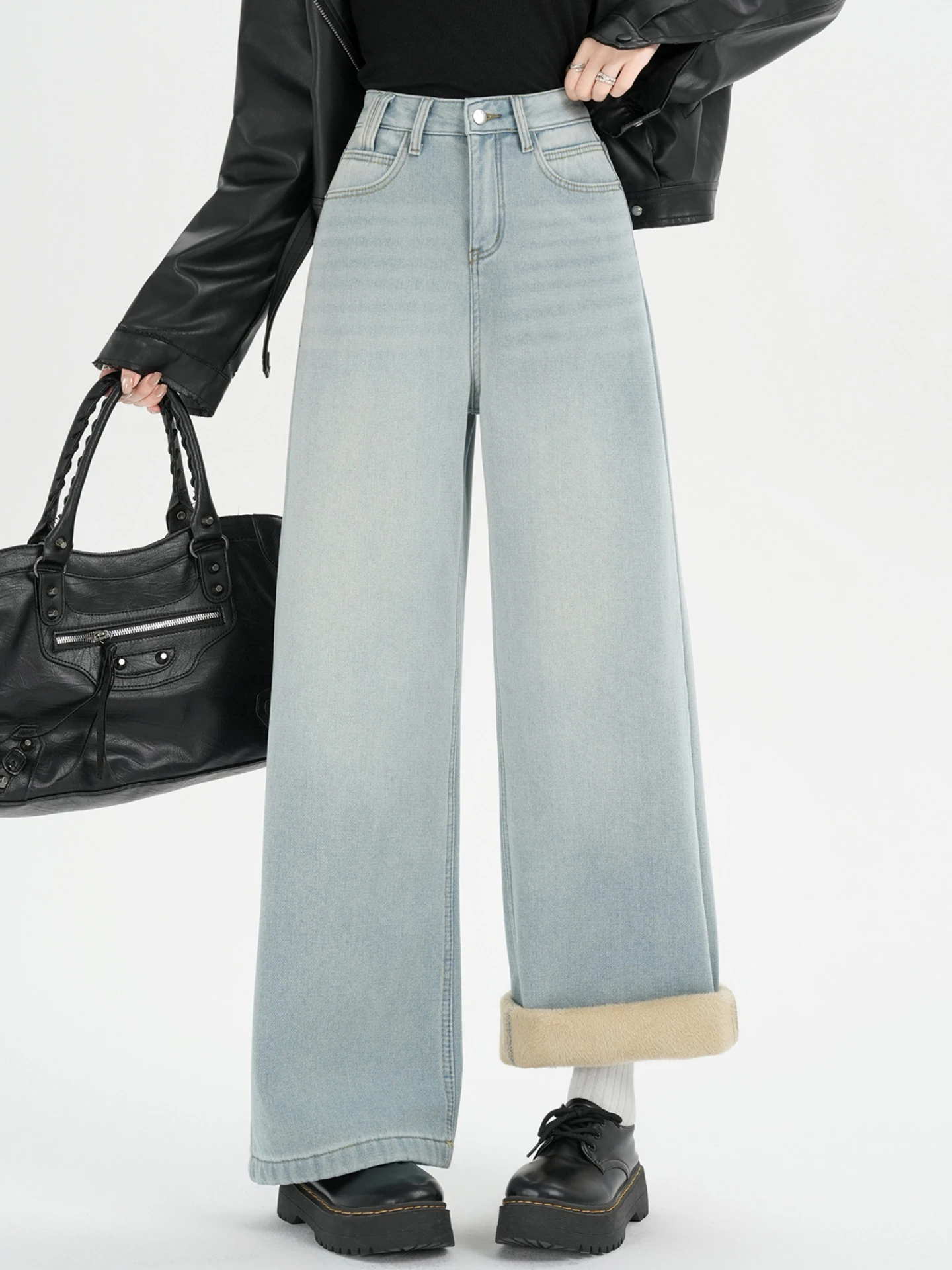 

Джинсы женские Thiened Fce с высокой талией, свободного кроя, светло-голубые, зимние, новые, повседневные, прямые брюки для молодых девушек