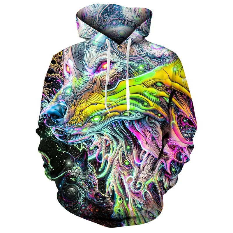 3D-Druck Mechanischer Pilz Hoodies für Männer Fuchs Wolf Frosch Muster Hoodie Atmungsaktiv Übergroßer Pullover Lange Ärmel Sweatshirts