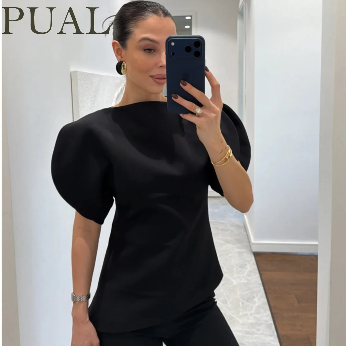 

Женская блузка PUAL с круглым вырезом, пышными рукавами и асимметричным подолом, весна-лето 2026, повседневная, для офиса и свиданий, модный женственный топ