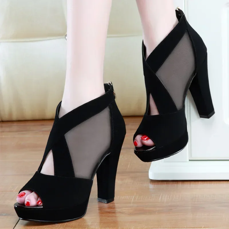 2024 New Summer Women High Heel Shoes Mesh Breathable Pomps Zip Pointed Toe Sexy Wedding Party Zapatillas Mujer Square Heel