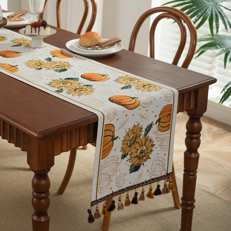 Halloween Table Runner Yarn-Dyed Jacquard Skeleton Bat Thanksgiving Pumpkin Tassel Home Table Runners Polyester Tablecloths
