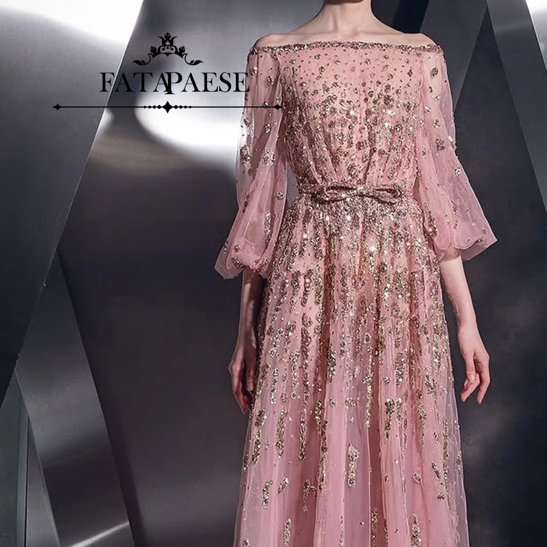 

FATAPAESE Customized Fully Beaded Crystals Boat-neckline Puffy Sleeve Crystals Gold-sequins All Cover Clothes Special Occasion