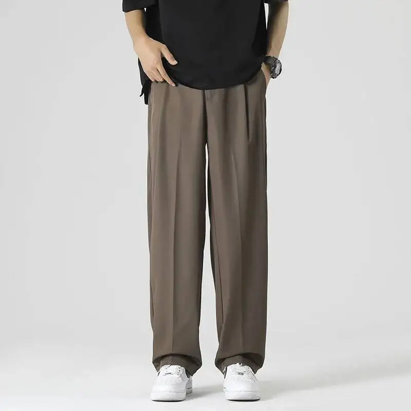 

Summer Thin Straight Loose Ice Silk Pendant Feeling Versatile Suit Pants Men Solid Button Zipper Pockets Fashion Casual Trousers