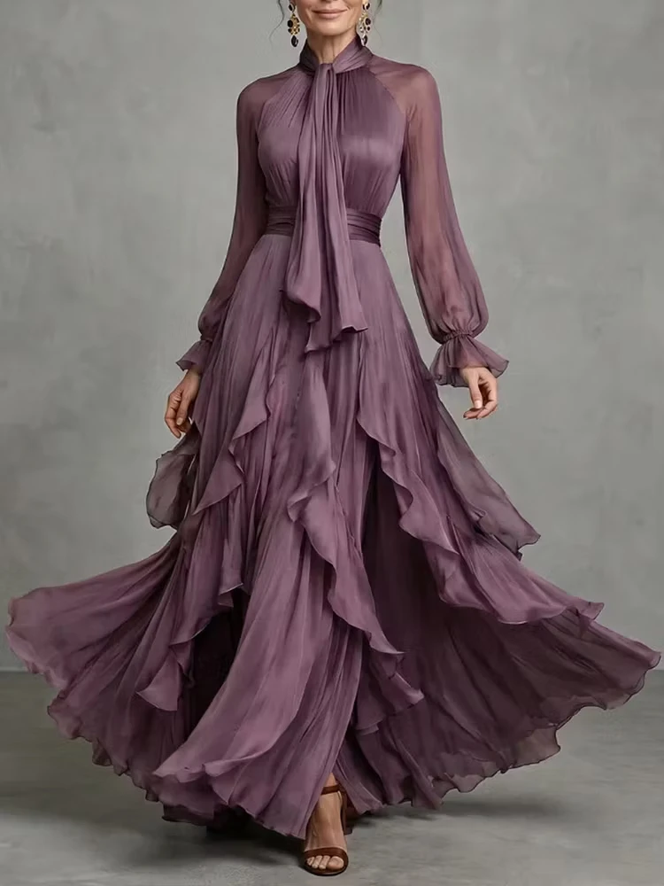 Elegant Ruffle Chiffon Maxi Dress Women Bow Tie High Collar Lantern Sleeve High Waist Gown Wedding Guest Evening Party Dresses