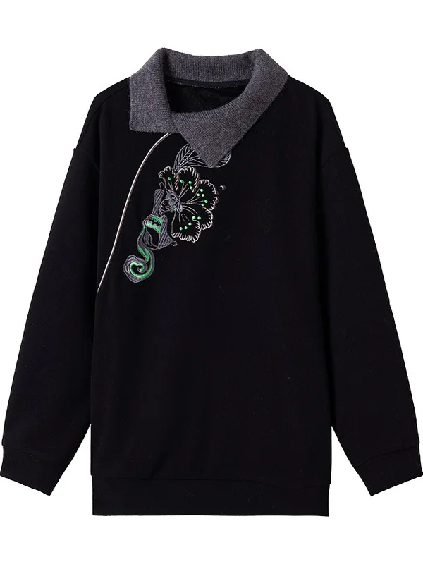 Faionable Embroidered Fce Lined Thiened Winter Sweatirt Women's Loose Sli Slimming Two-piece Look Upper Apparel