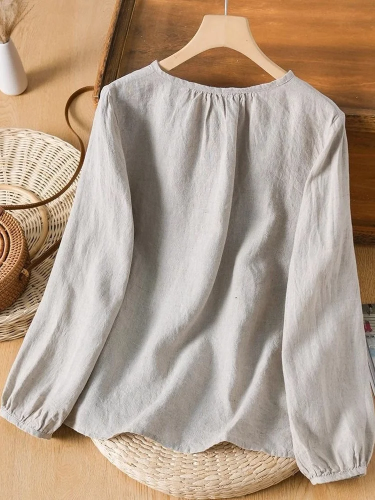

Summer New Cotton Linen Loose Casual Long Sve round Ne Design Lantern Artistic Top Women's Faion Commute Sle irt