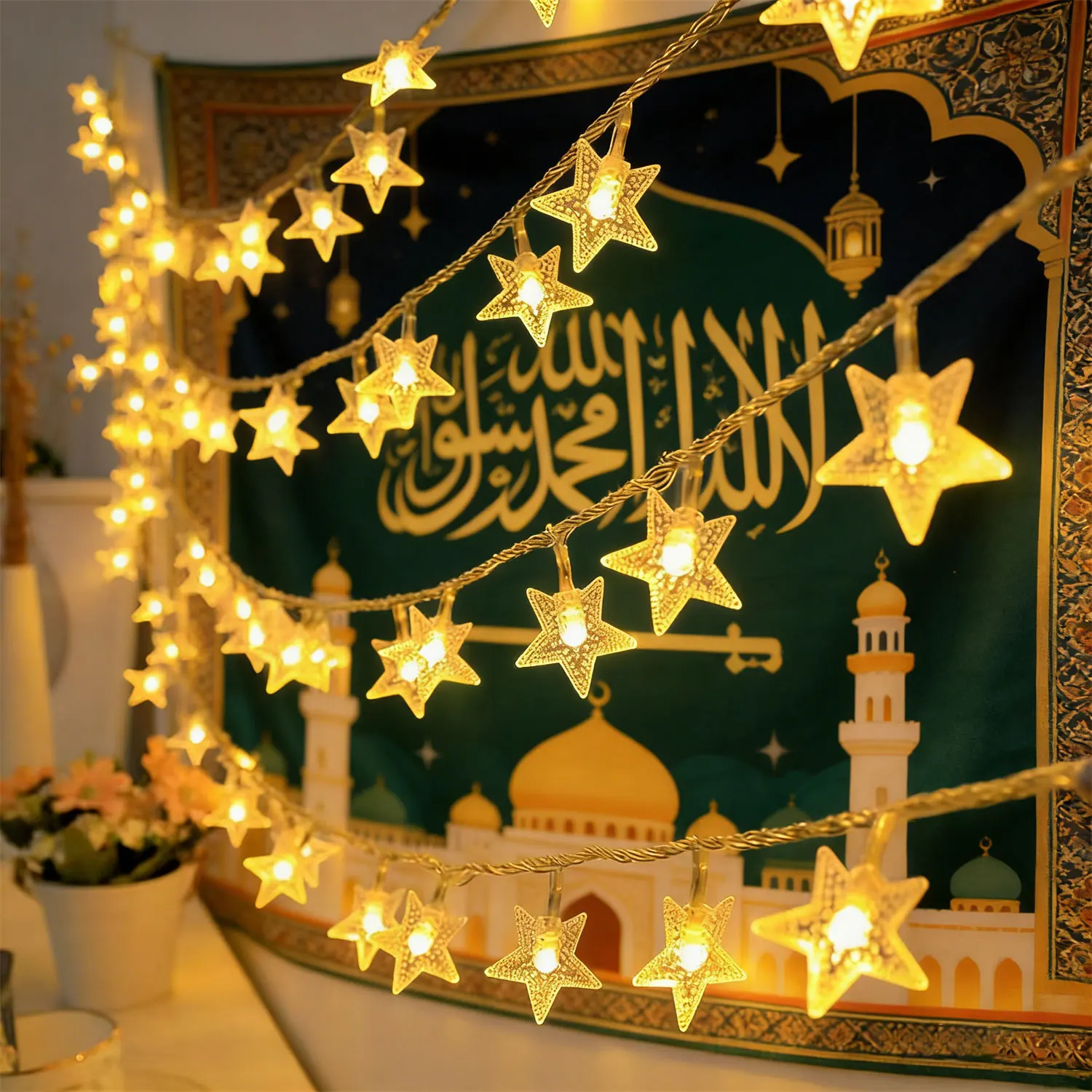 Battery Power Festoon Star Fairy String Lights Wedding Party Room Decor Outdoor Garland Ramadan Home Decorations Eid Mubarak