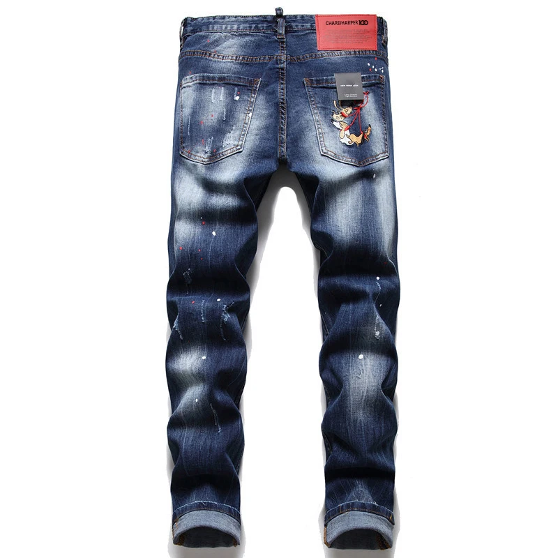 Chareiharper dsq 1090 men`s jeans High end indigo multi-hole thread cloth heavy process abrading hand-painted whitewash paint