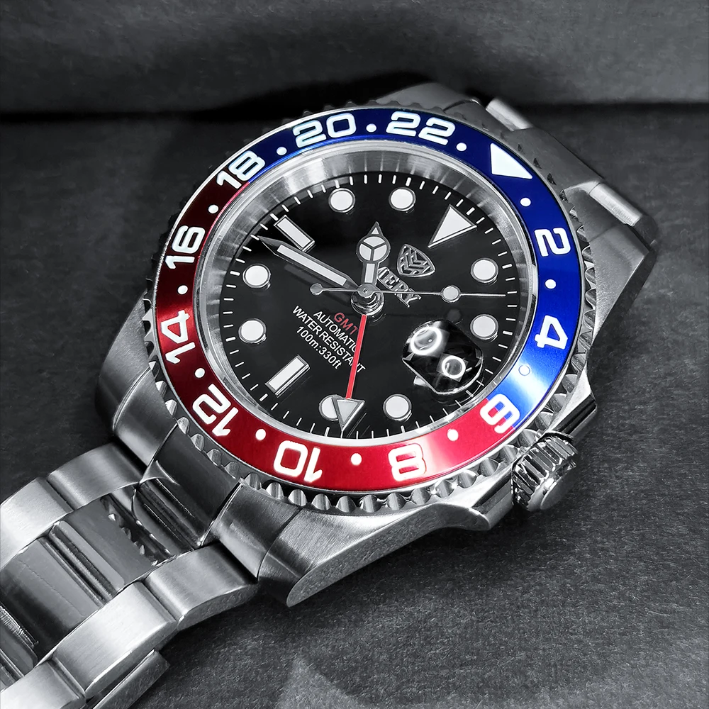 GMT Top Luxury Men Automatic Mechanical Watch Ceramic Bezel 316L Steel Sapphire Cyclops Waterproof Luminous Sports Watch