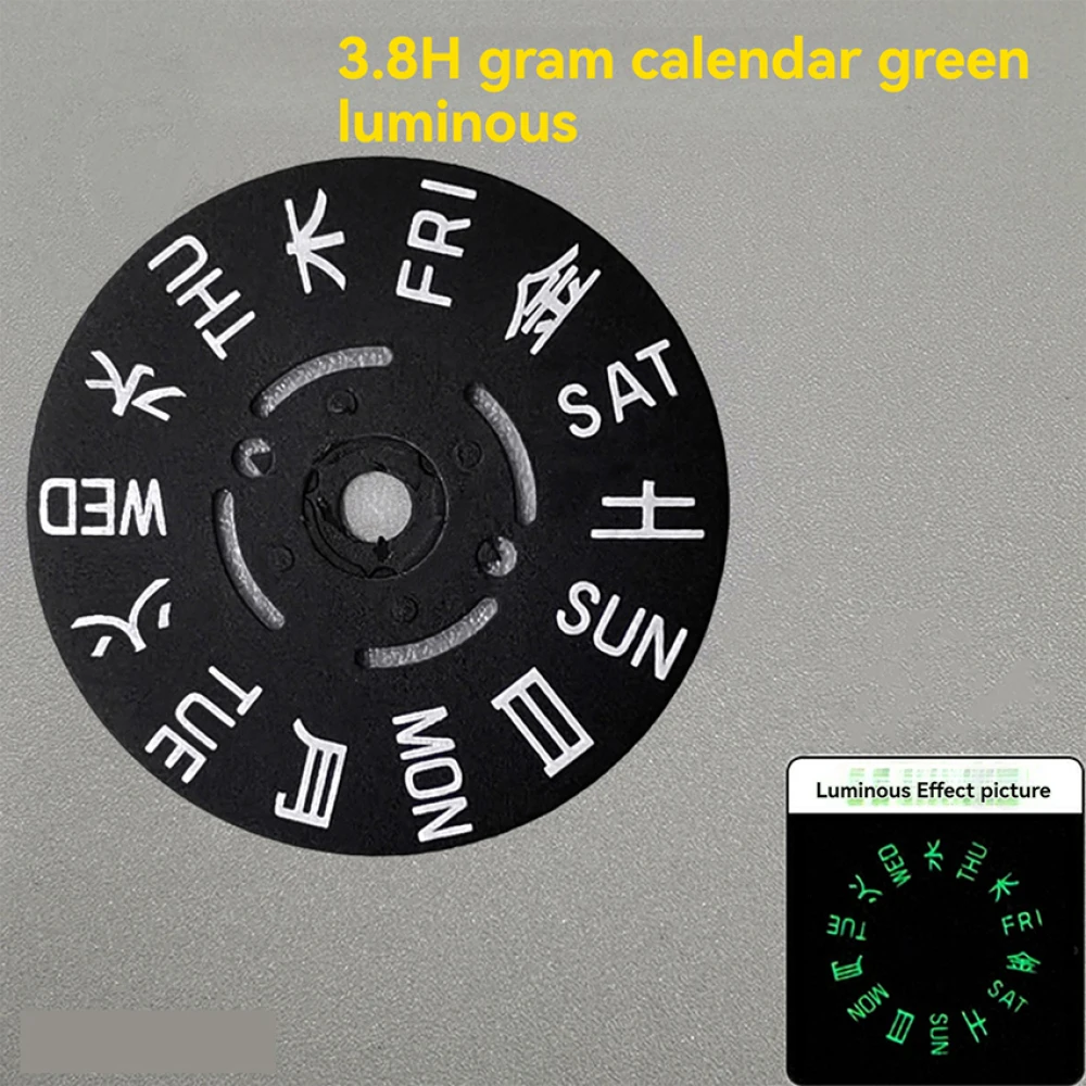 

1pc Blue/ Green Luminous Japanese Week Dail Replacement Black White Watch Dial Calendar@3/3.8O'clock for NH36A/NH36 Movement