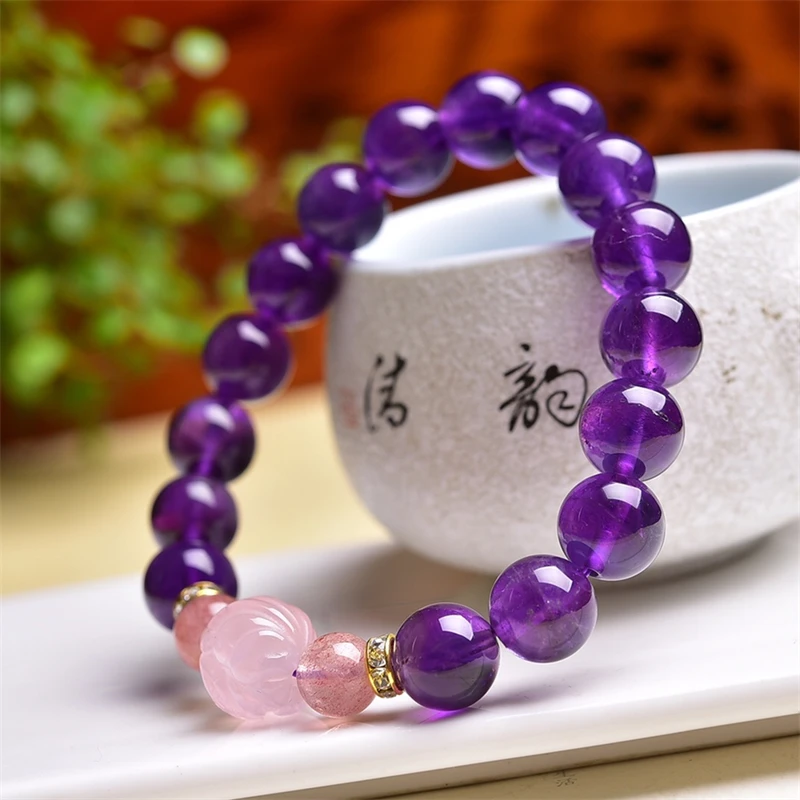 

10MM Natural Amethyst Rose Quartz Fox Bracelet Handmade Crystal Quartz Jewelry Stretch Bangle Children Birthday Gift 1pcs