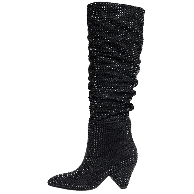 

Women's Sexy Rhinestone Over The Knee Boots Slouchy Design Pointed Toe Wedge Heel Sparkling Party Evening Footwear Big Size