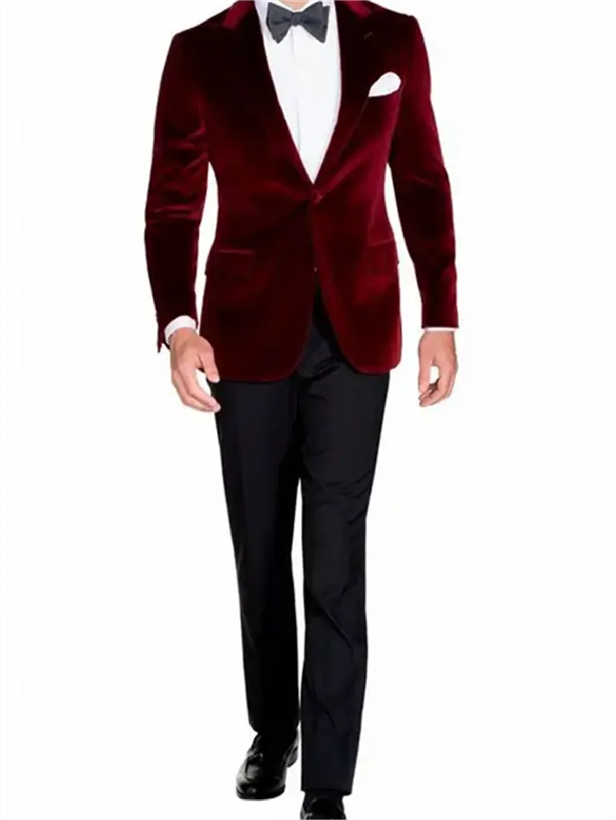 2 Pieces Men\'s Burgundy Velvet Blazer Black Pants Wedding Suits One Button Peak Lapel Jacket Groom Tuxedos