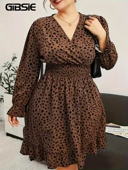 GIBSIE Plus rozmiar wzór w cętki wzburzyć brzegi Mini sukienka damska wiosna jesień dekolt w serek z długim rękawem w pasie casual sukienki trapezowe