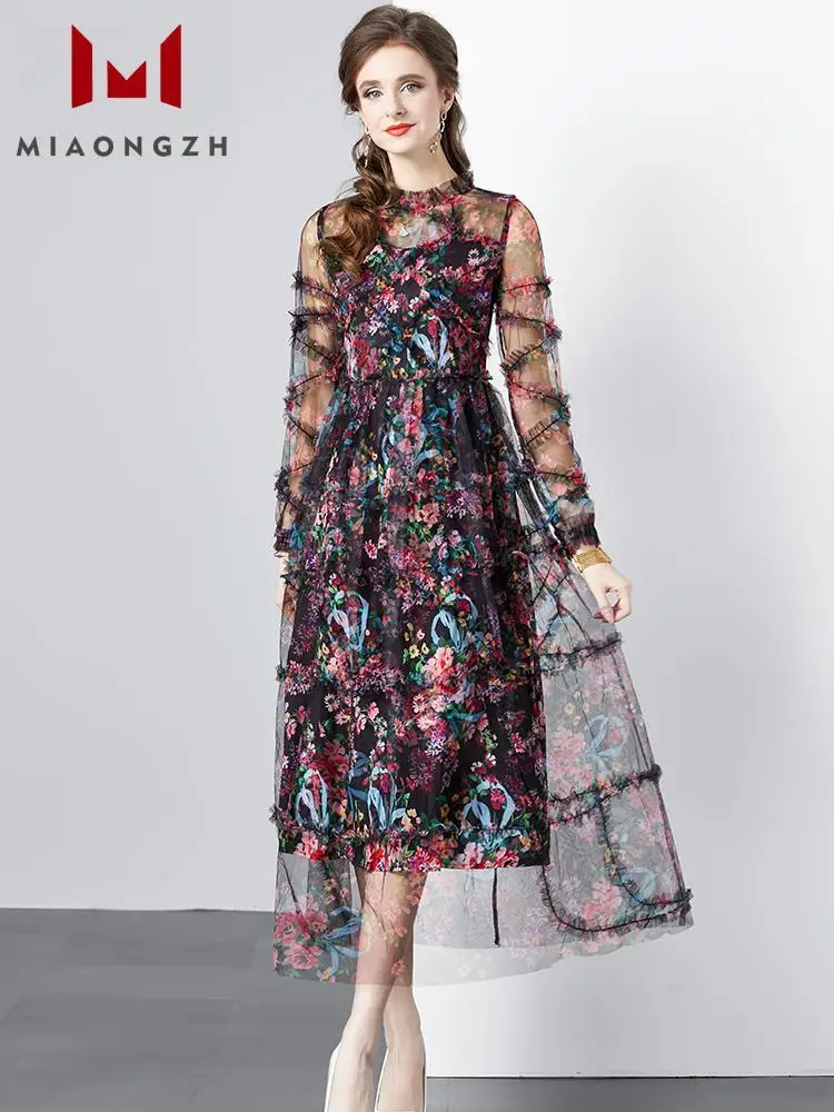 Vestidos largos de malla de retazos con estampado de moda para mujer, vestido de noche Vintage elegante con volantes, cuello redondo, adelgazante, cintura alta, flores