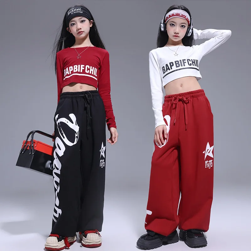 Costume de danse Jazz pour enfants, tenue de scène Kpop, haut court blanc, pantalon rouge, vêtements d'entraînement de danse de rue, vêtements de danse urbaine 1703