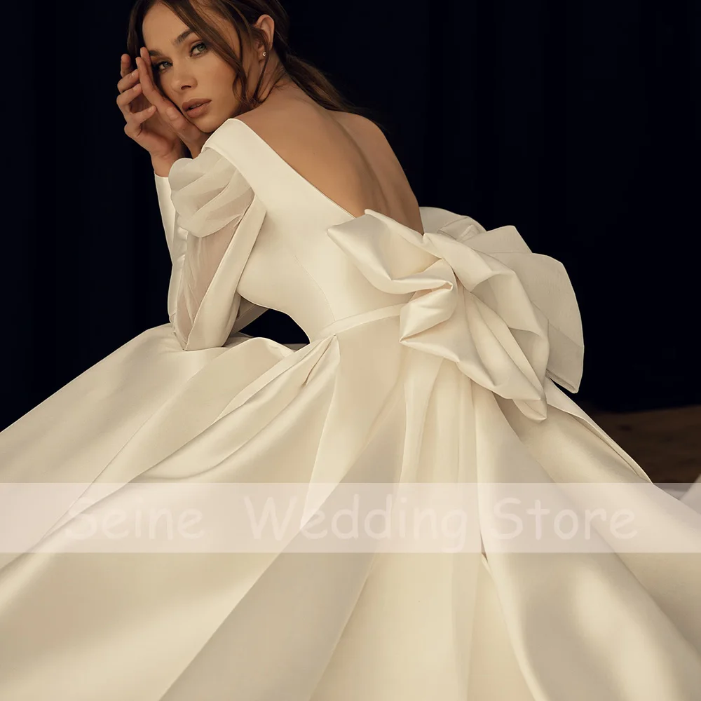 Luxus Hochzeit Kleider Elegante Satin V-ausschnitt Zurück Bogen Hochzeit Kleider 2022 Frauen Hohe Qualität Backless Langen Ärmeln Braut Kleid