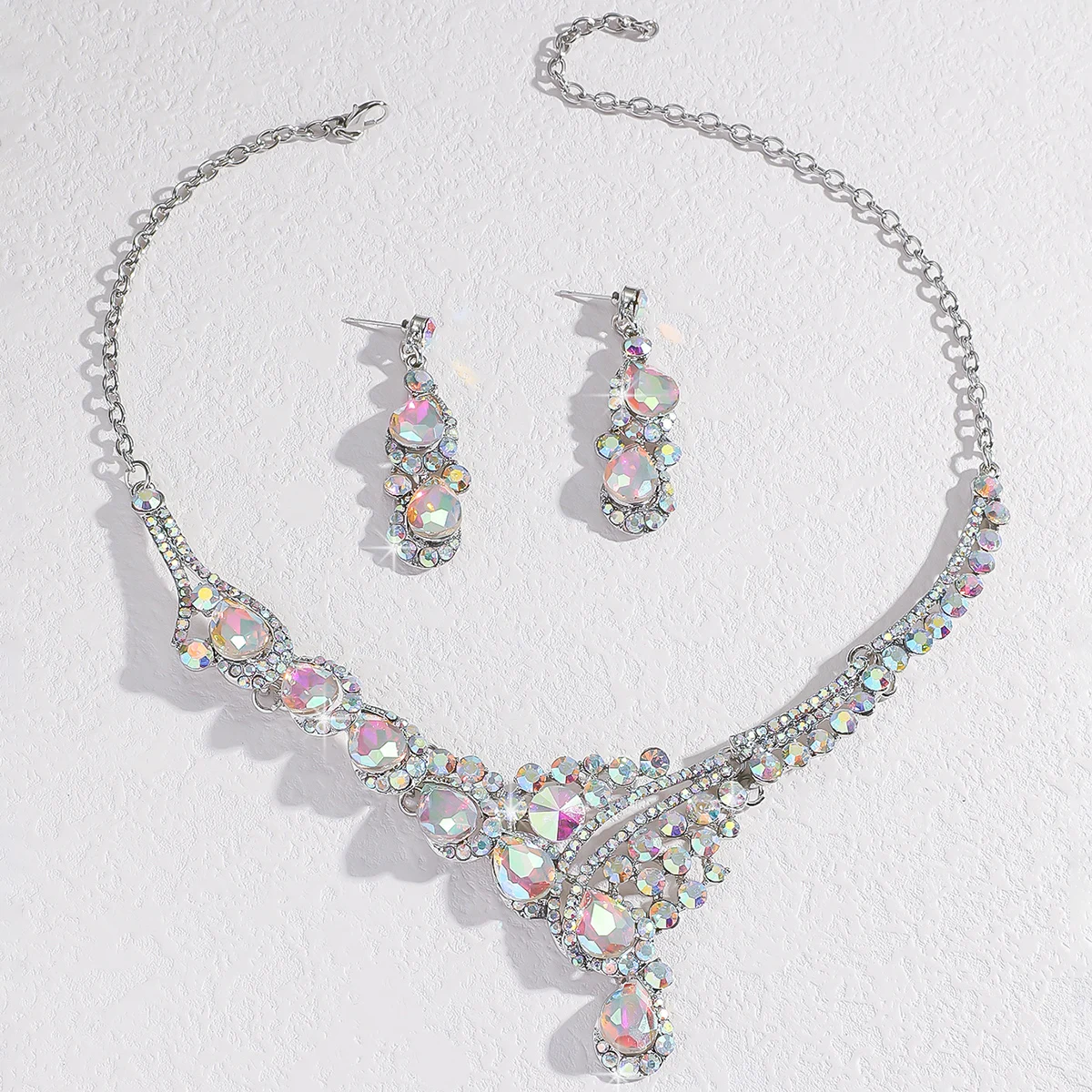 Cross border dazzling gemstone set adorned with diamond necklace, earrings, party and dance party two-piece set