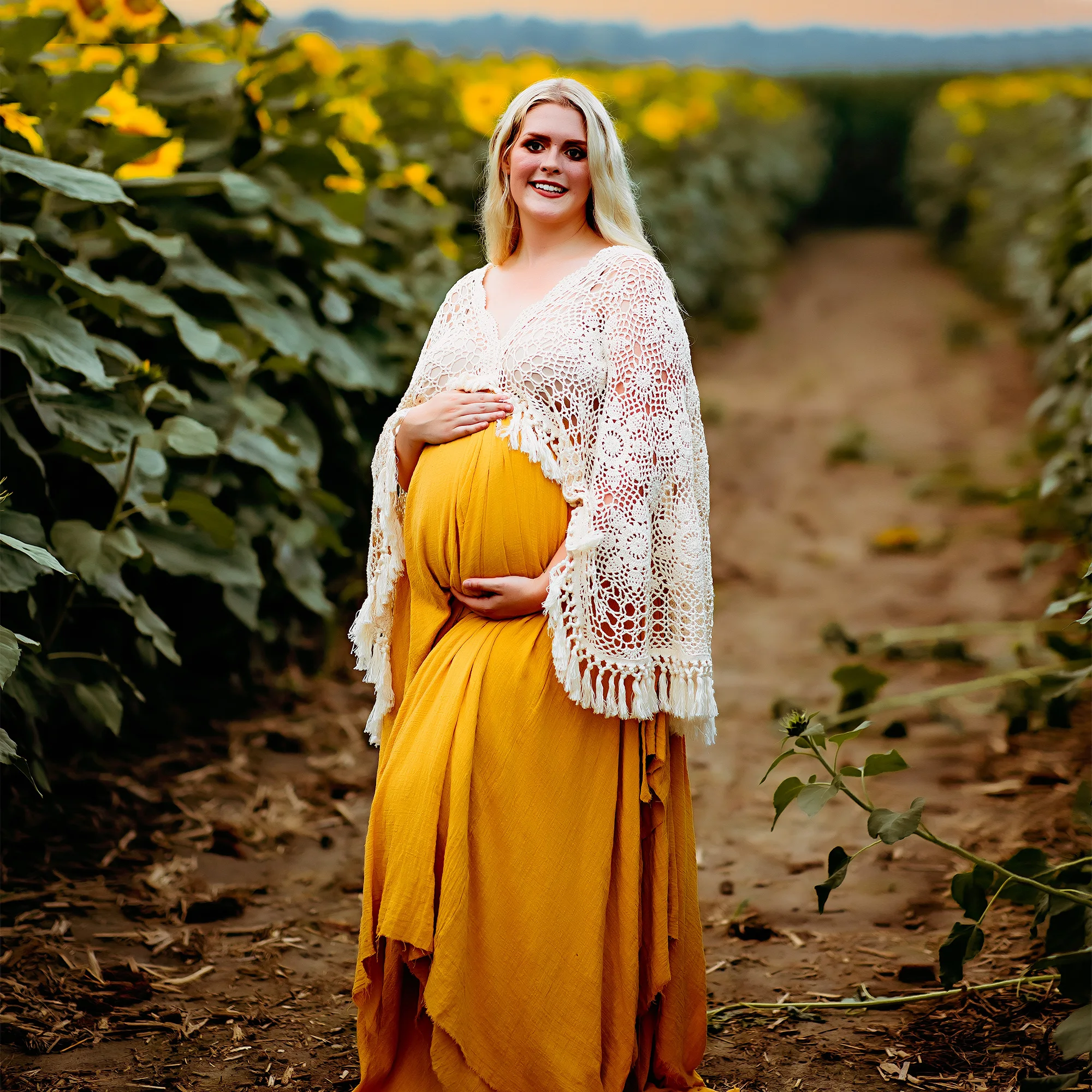 Don&Judy V-Neck Crochet Shawl Collar Ruffled Cotton Linen Maxi Dress Flowy Evening Gown with Tiered Skirt for Desert Photo Props