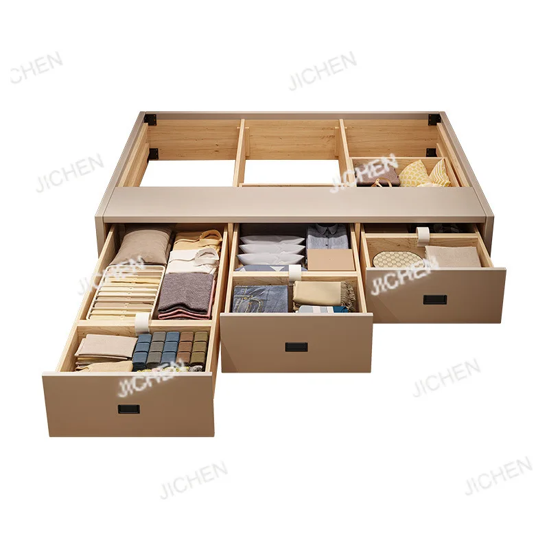 

No Bedside Box Drawer Bedroom Floor Bed Row Skeleton High Box Storage Bed All Solid Wood Tatami Leather Bed