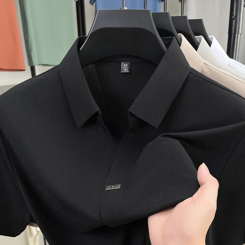 2025 New Men's Casual and Fashionable Solid Color Short Sleeved Polo Shirt Comfortable and Versatile Summer T-shirt - Image 4
