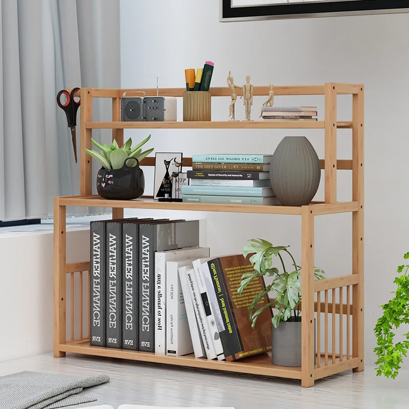 3-tier Wooden Bookshelf Desktop Sundries Stationery Organizer Bamboo Bookcase Furniture Magazine Holder Home Decor Display Shelf