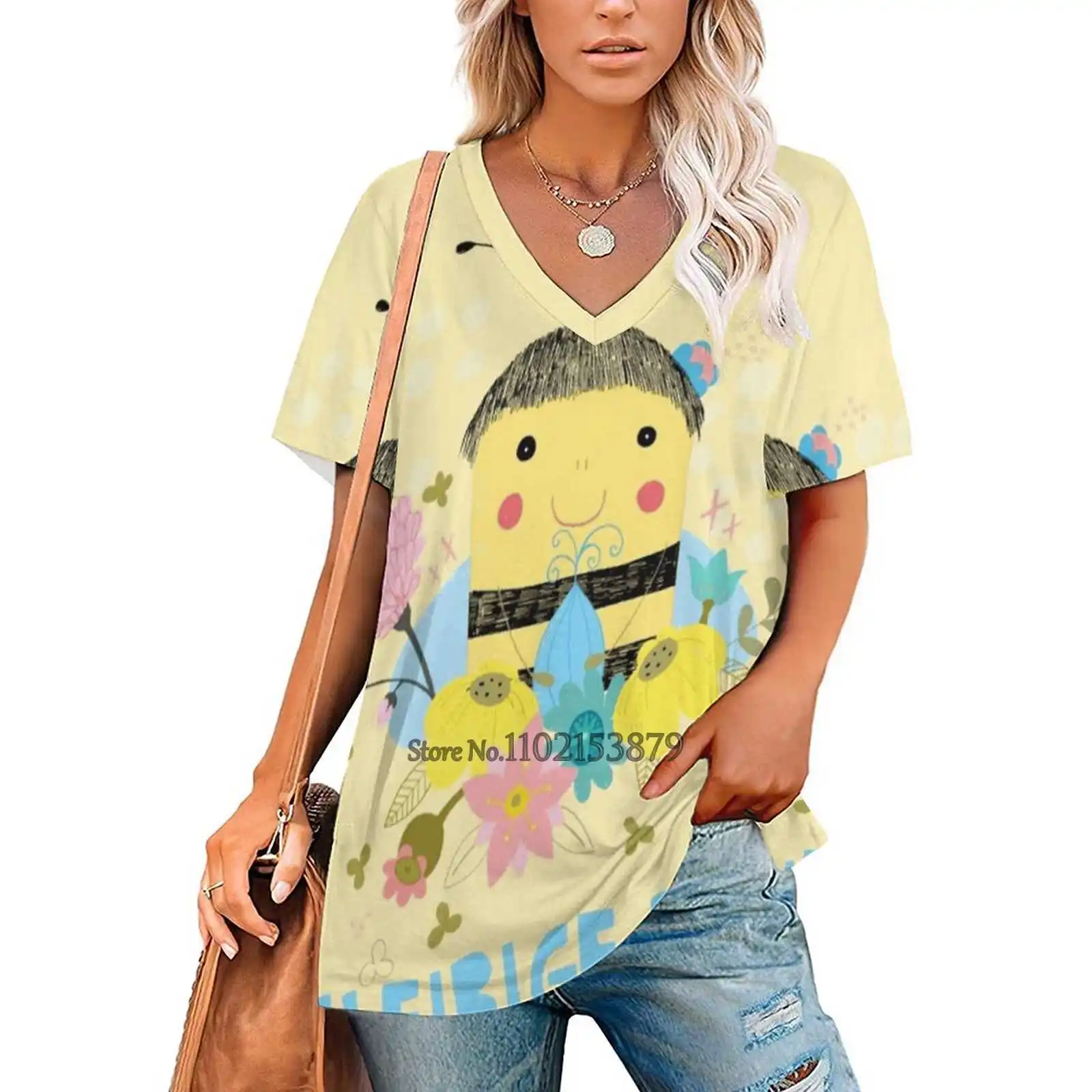 Flei ? Ige Biene Woman Tshirts Printed Tops Zipper V-Neck Top Fashion Graphic T Shirt Busy Bee Insect Black Yellow Animal