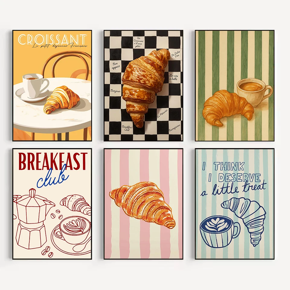 Retro Style Croissant & Coffee French Breakfast Kitchen Food Poster Canvas Painting Wall Art Pictures Home Restaurant Café De