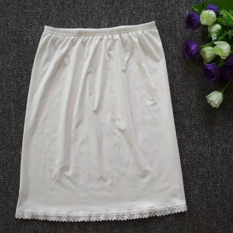 2022 Ladies Elastic Waist Half Skirt Petticoat Short Slip Dress Female Milk Silk White Lace Commuter Office Woman Anti-Empty