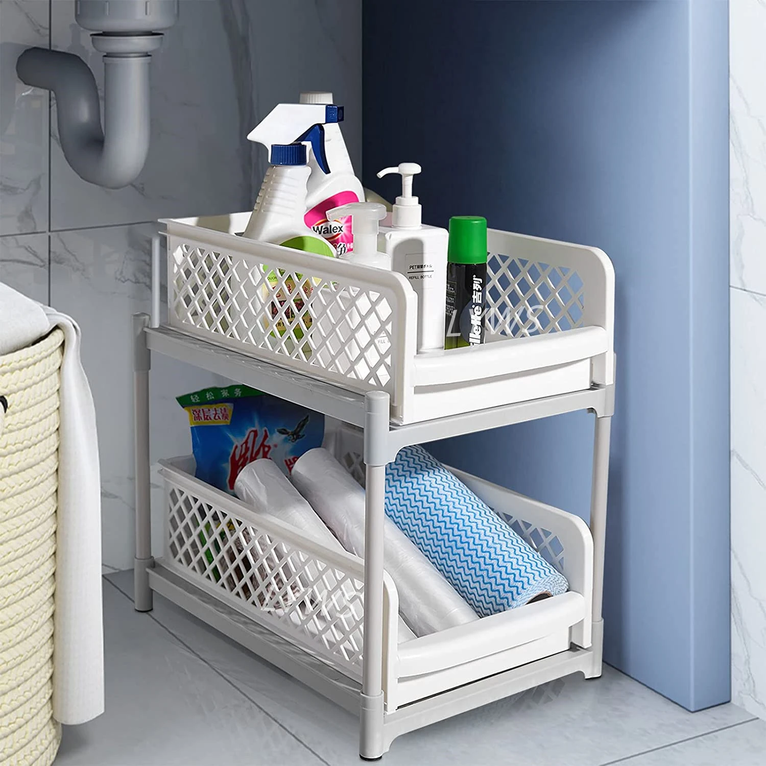 2 Layers Sliding Sink Kitchen Storage Rack Desktop Bathroom Seasoning Storage Rack Hollow Out Design Plastics Storage Organizer