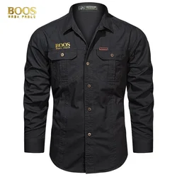 BOOSHRDAFREAuthentic Emblem Spring and Autumn Season New Shirts for Men's Long sleeved Pure Cotton Casual Solid Color Shirts for