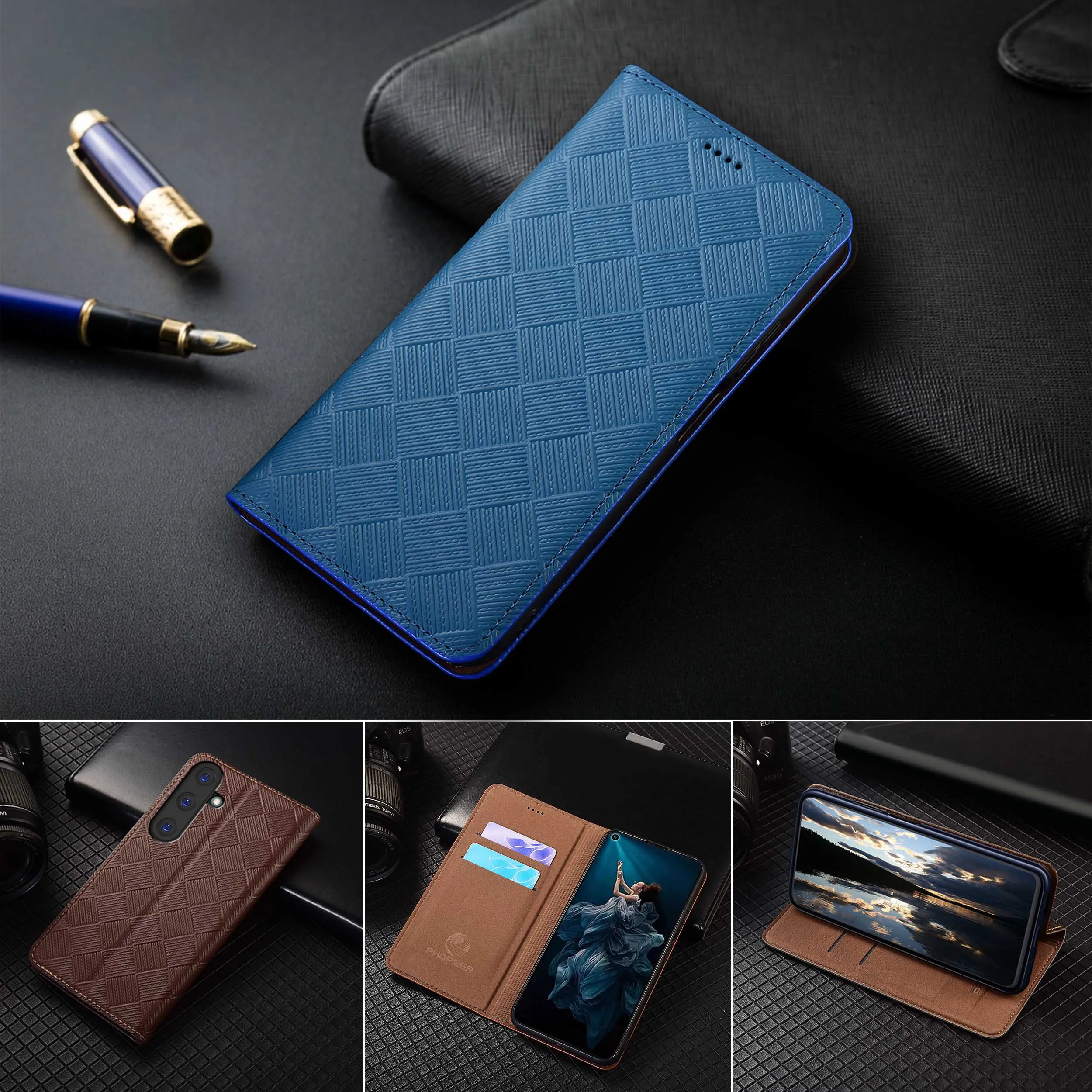 

Для Samsung A14 A15 A16 A24 A26 A34 A35 A36 A53 A54 A56 A73 4G 5G Вязаный узор из натуральной кожи флип-чехол для телефона из воловьей кожи