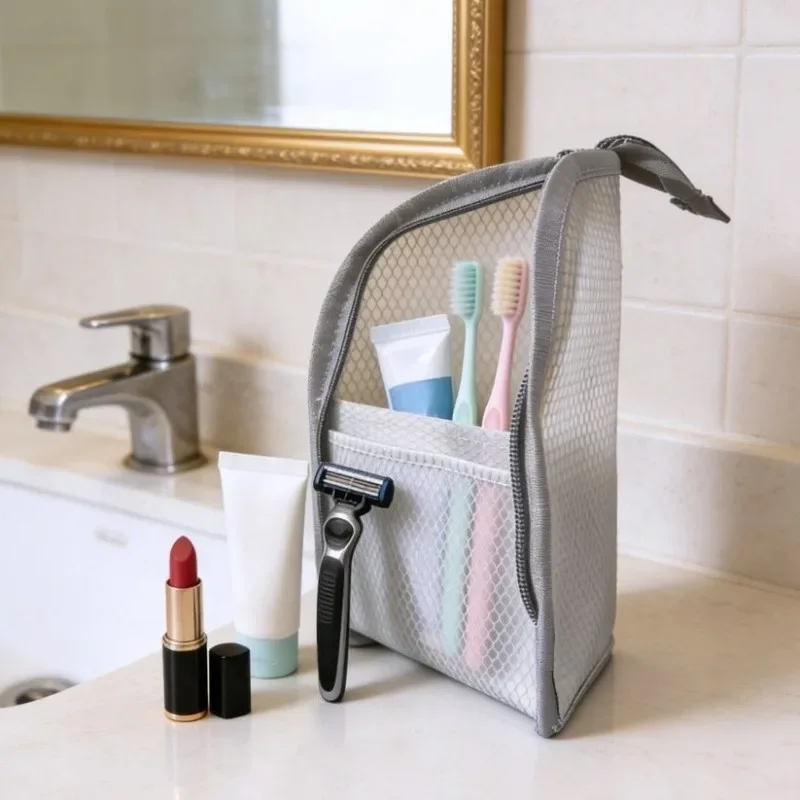4-teiliges tragbares Netz-Kulturset, wasserdicht, faltbar, für Reisen, Zahnbürsten- und Kosmetik-Organizer, Aufbewahrungstasche für Damen im Badezimmer – Detail 6