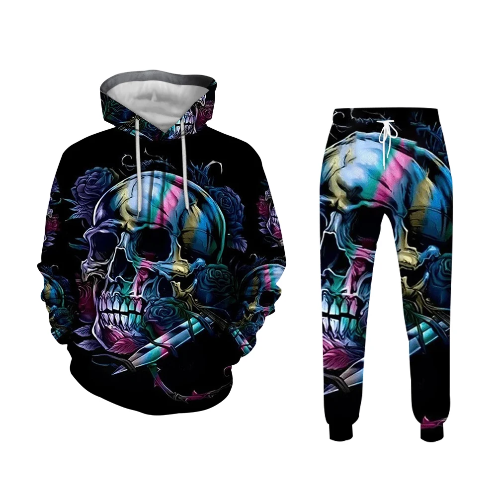 Retro Evil Skeleton 3D Printed Retro 2-Piece Hooded Sweatpants For Men Fall Winter Casual Street Men's Fashion Sweatshirt Suits