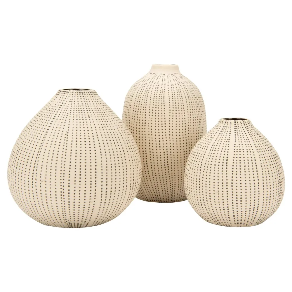 

White Stoneware Vase with Black Textured Dots Durable Set of 3