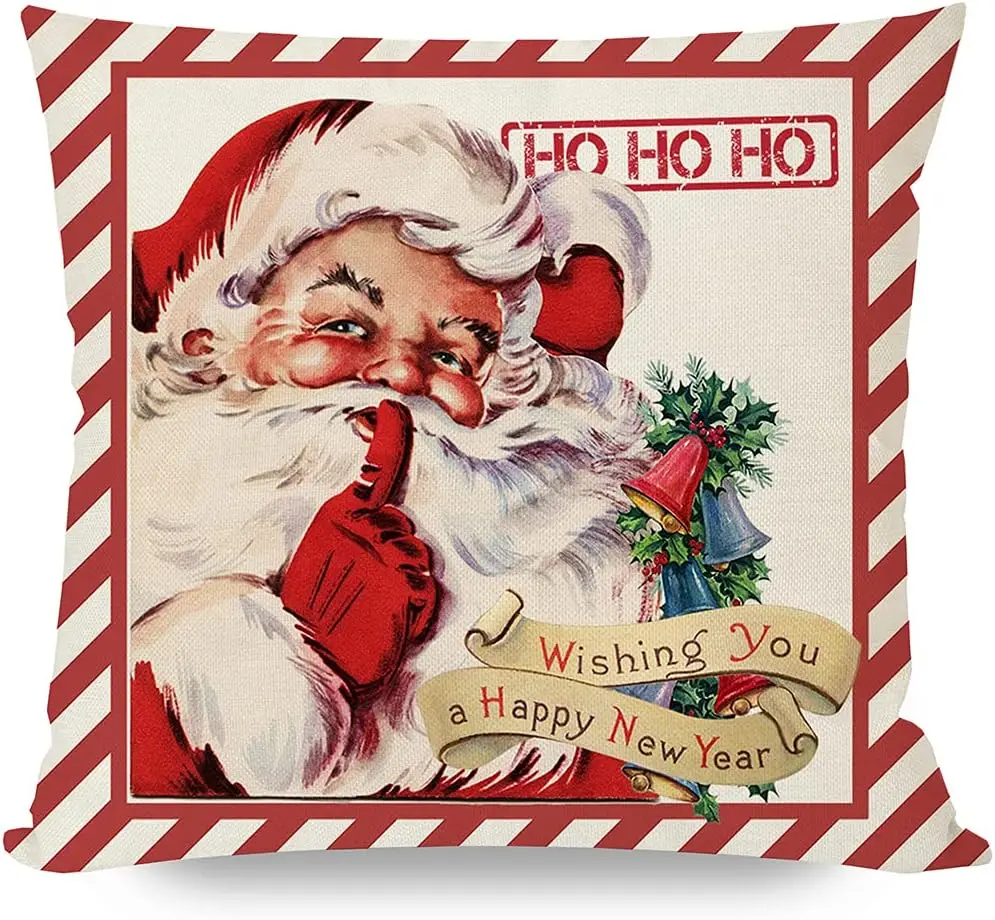 Vintage rojo Retro Navidad Santa árboles bastón de caramelo trineo paseos Reno rústico país vacaciones decoración fundas de